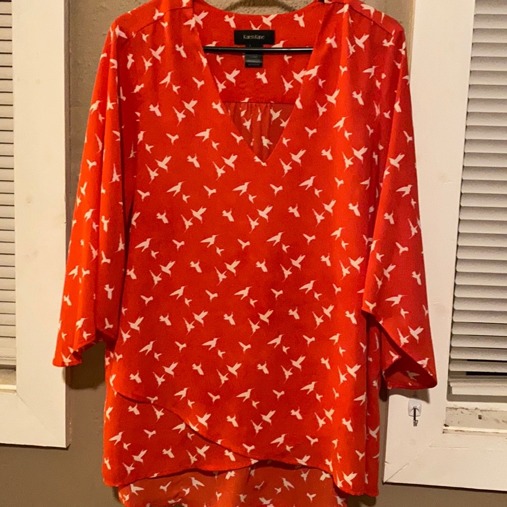 Karen Kane Orange/Red Hummingbird Print V-Neck Blouse